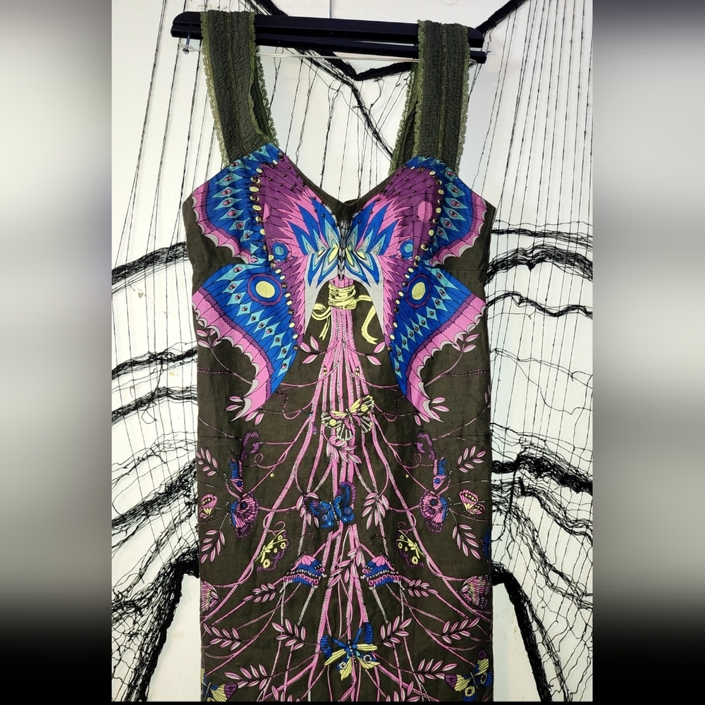 🦋✨️Vintage Free People Olive and Pink Butterfly Design Dress✨️🦋